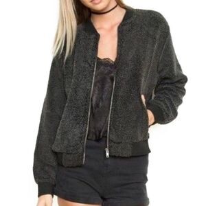 Brandy Melville Fuzzy Teddy Sherpa Bomber Jacket Gray Black Zip Up Coat Size S